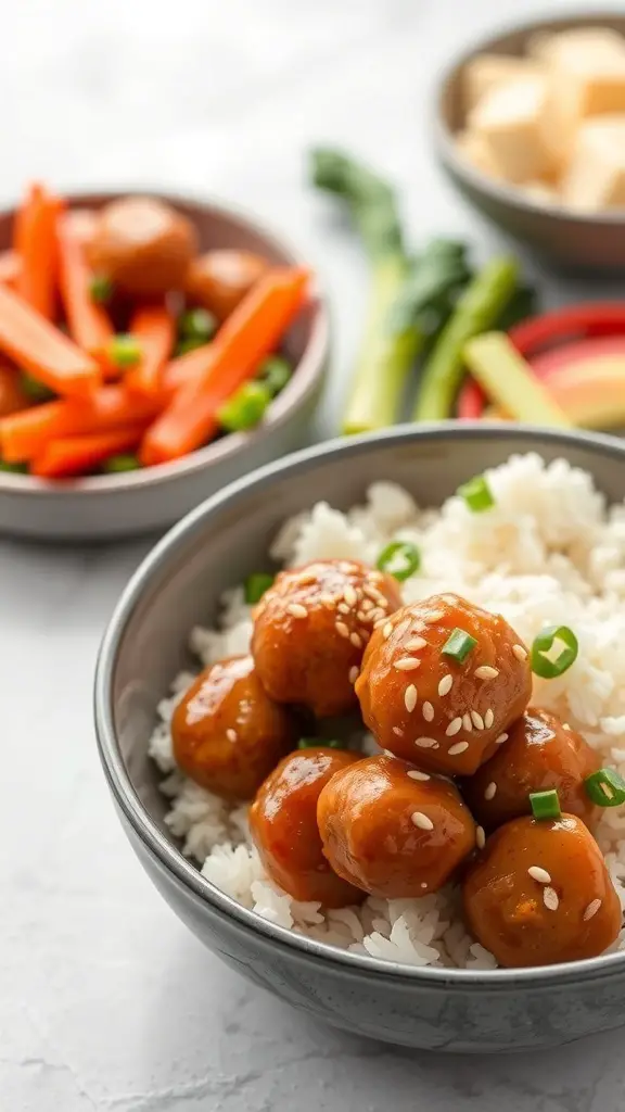 A bowl of sweet and sour meatballs served over rice with colorful vegetables on the side.