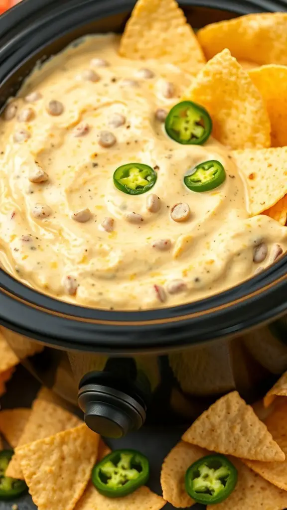 A creamy jalapeño popper dip in a slow cooker, garnished with jalapeño slices and served with tortilla chips.