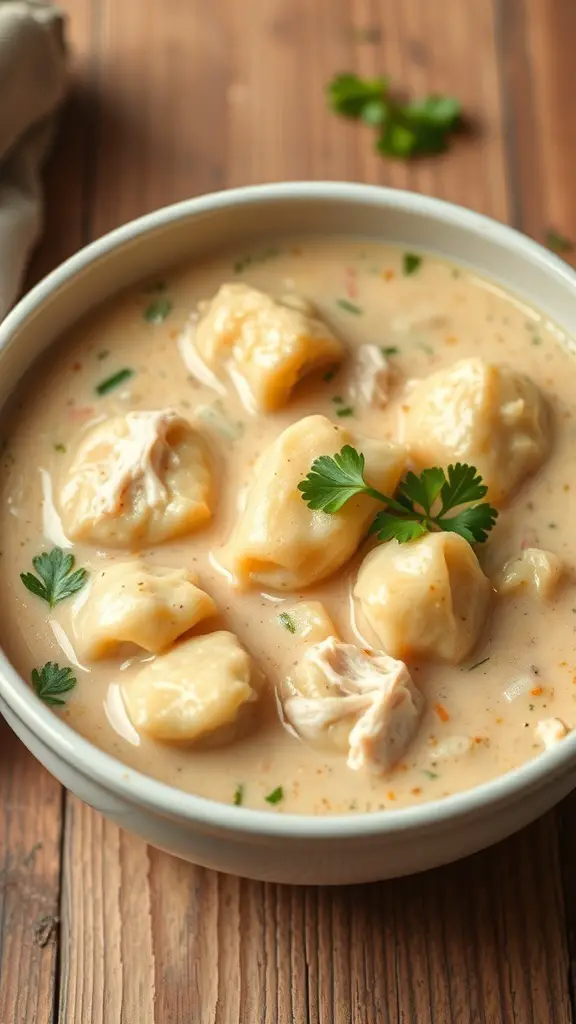 A bowl of chicken and dumplings with creamy broth and fluffy dumplings.