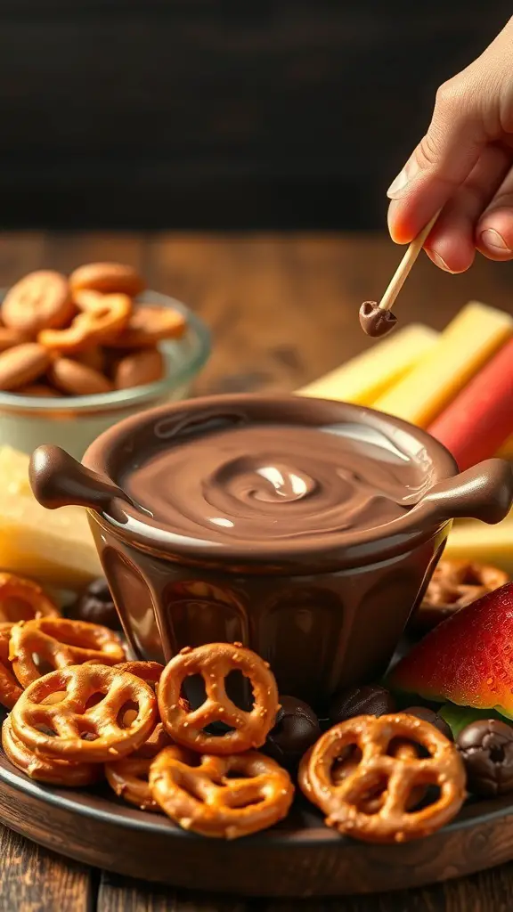 A bowl of peanut butter chocolate fondue surrounded by pretzels and fruits