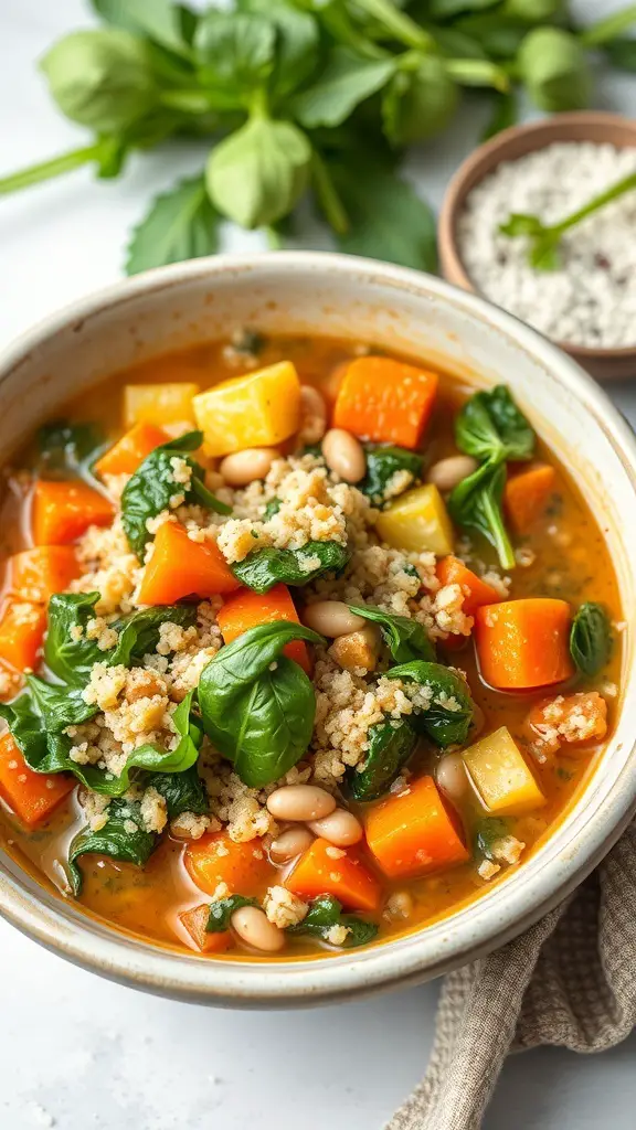 A bowl of Vegetable Quinoa Stew with Spinach, featuring colorful vegetables and quinoa.