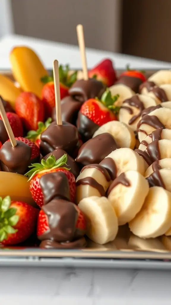 A platter of chocolate dipped strawberries and bananas with wooden sticks.