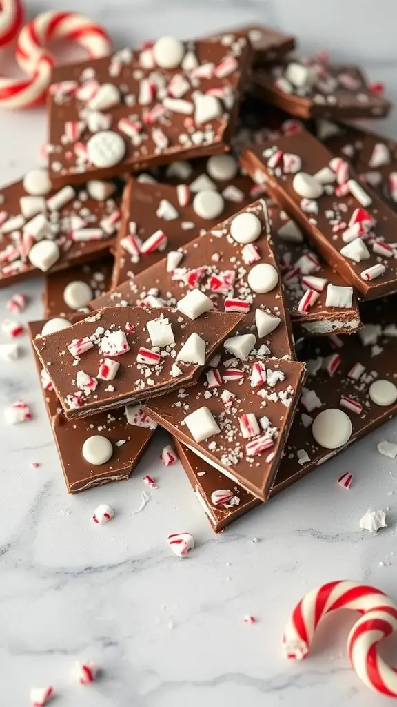 A stack of chocolate peppermint bark topped with crushed peppermint candies and white chocolate pieces, with candy canes in the background.