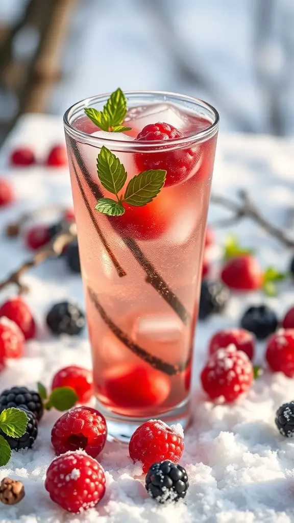 A refreshing glass of Winter Berry Fizz mocktail, garnished with mint leaves and surrounded by fresh berries on a snowy surface.