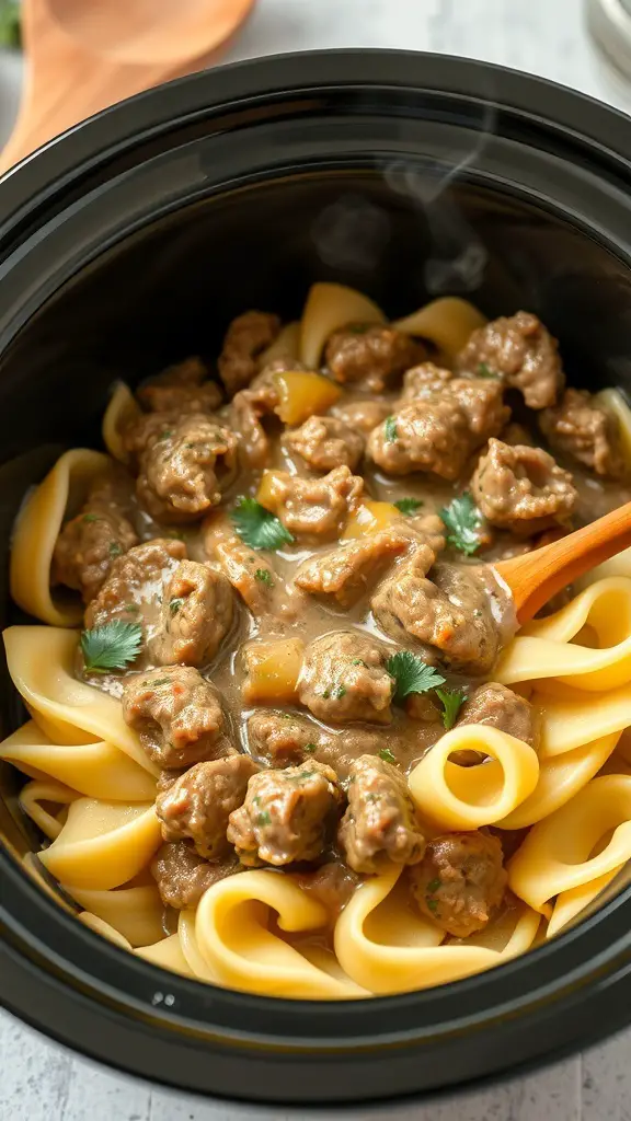 A bowl of Beef Stroganoff with egg noodles, featuring tender beef in a creamy sauce, garnished with herbs.
