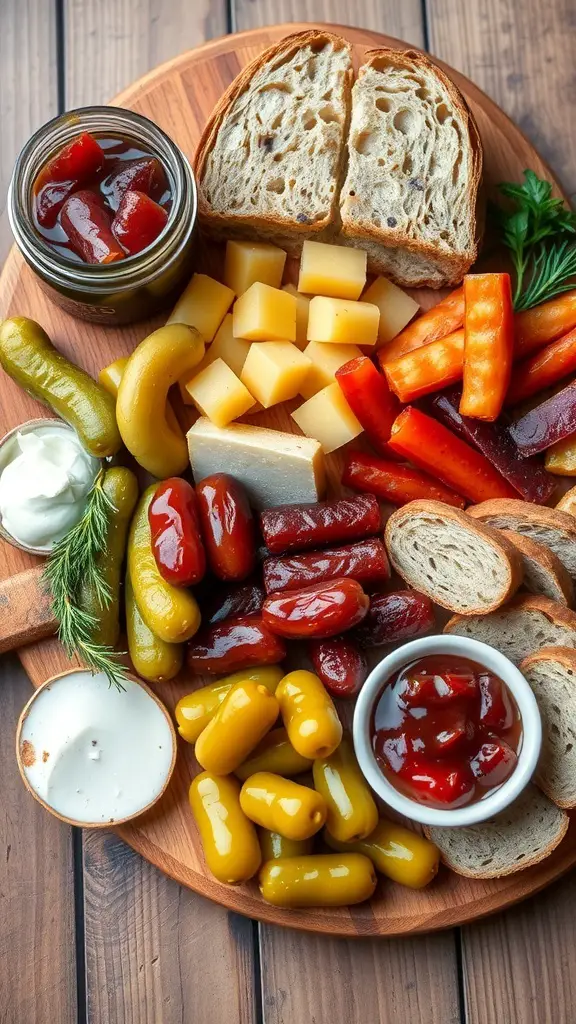 A winter charcuterie board featuring gourmet pickles, preserves, cheeses, and breads.