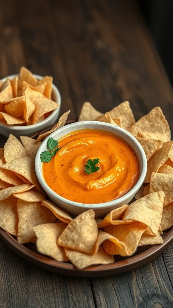 A bowl of Spicy Buffalo Chicken Dip surrounded by tortilla chips on a wooden table.