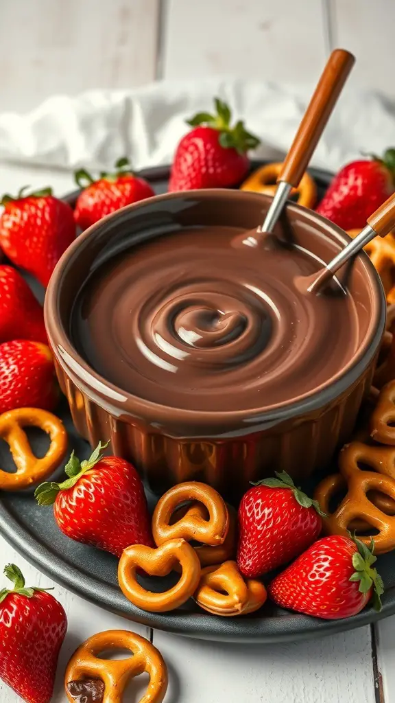 A bowl of dark chocolate fondue surrounded by fresh strawberries and pretzels.