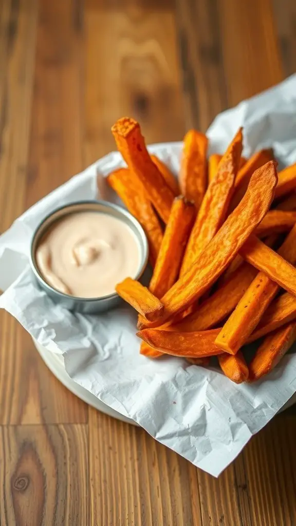 A plate of crispy sweet potato fries with a dipping sauce on a wooden table.