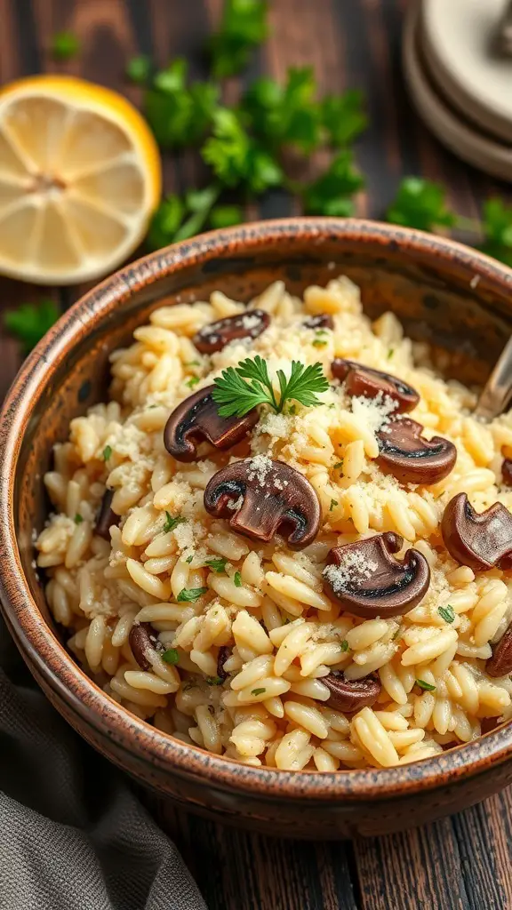 A bowl of creamy mushroom risotto topped with mushrooms and parsley, with lemon slices in the background.