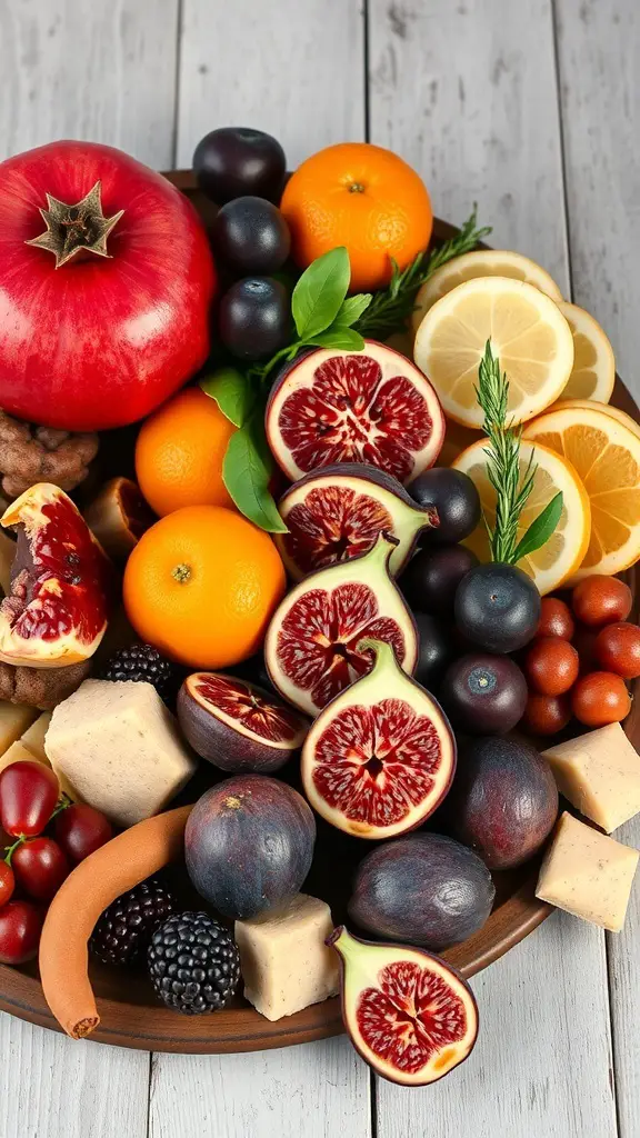 A colorful arrangement of seasonal fruits including pomegranates, figs, oranges, and lemons on a wooden platter.