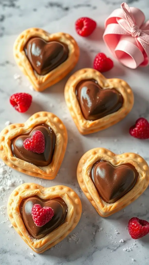 Chocolate raspberry puff pastry hearts on a marble surface with fresh raspberries and a pink ribbon.