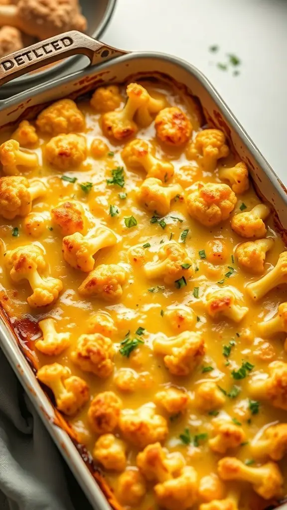 A cheesy cauliflower casserole topped with melted cheese and parsley in a baking dish.