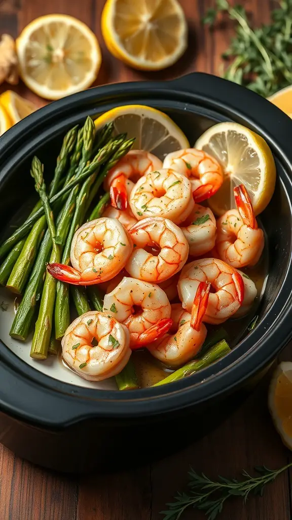 A dish of Lemon Garlic Shrimp and Asparagus with lemon slices and herbs.