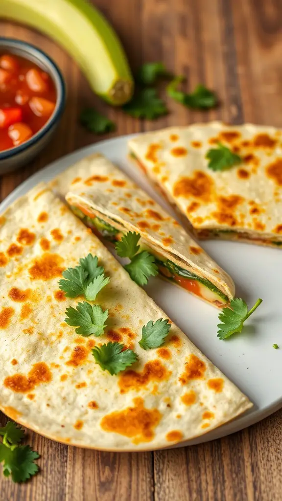 Delicious vegetable quesadillas with fresh ingredients and salsa on the side.