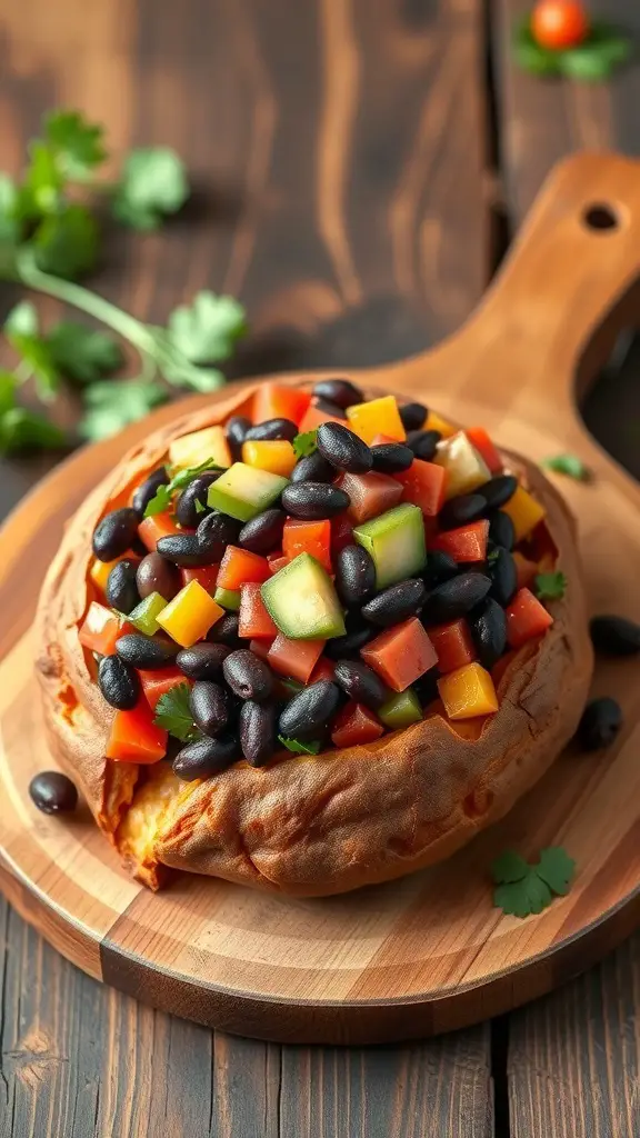 A baked sweet potato topped with a colorful black bean salad, including diced tomatoes, bell peppers, and cucumbers, on a wooden serving board.
