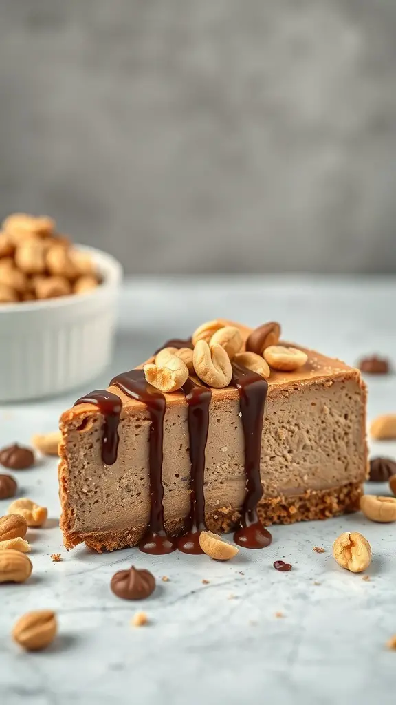 A slice of peanut butter chocolate cheesecake topped with peanuts and chocolate drizzle, with a bowl of peanuts in the background.