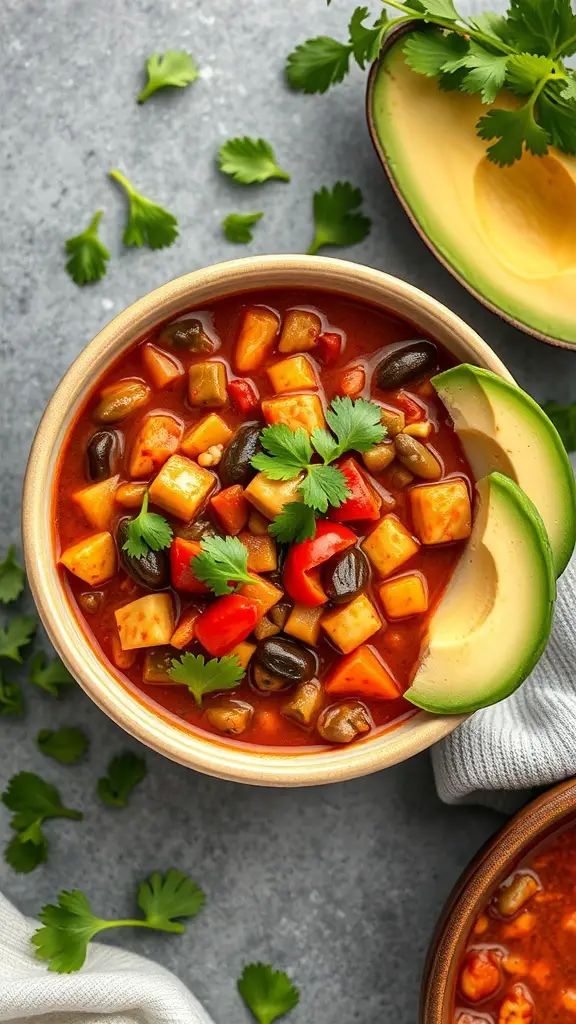 A bowl of vegetable chili topped with cilantro and avocado slices, surrounded by fresh herbs.