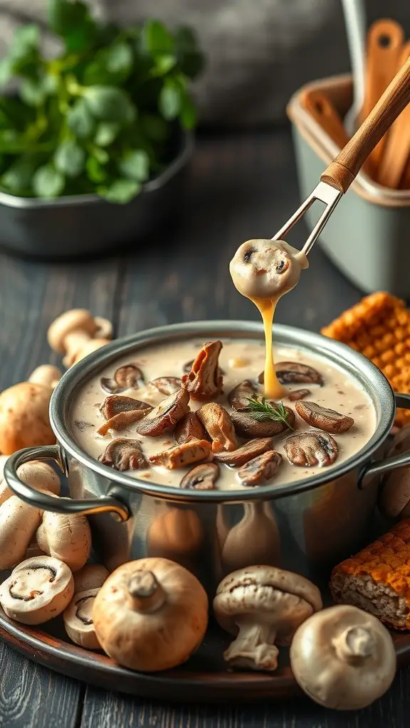 A pot of creamy mushroom beef fondue with mushrooms and a skewer lifting a mushroom.