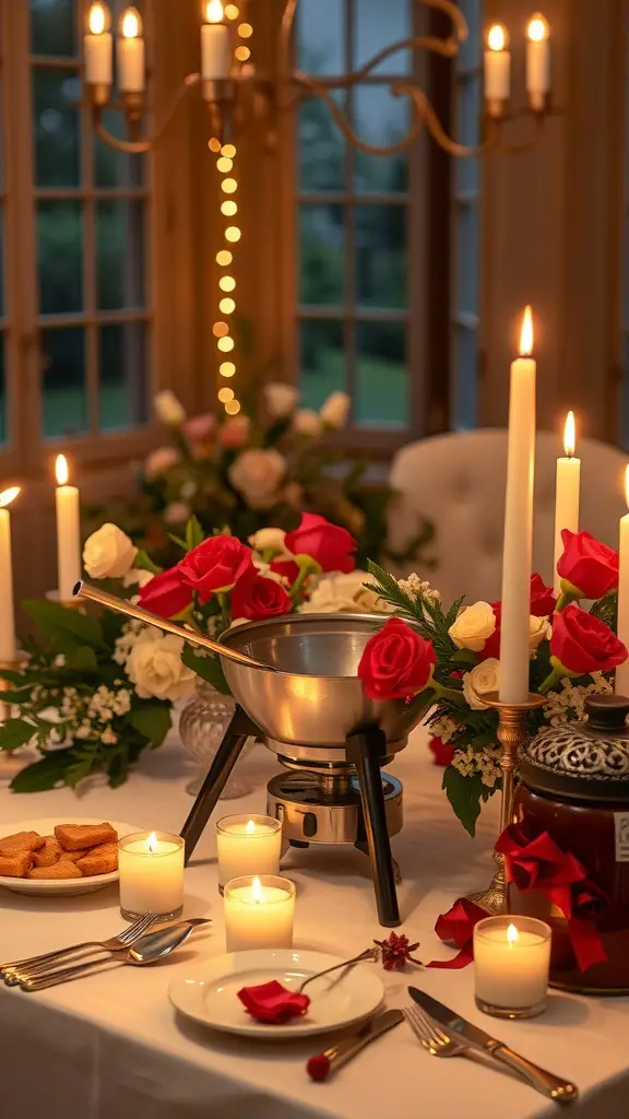 A beautifully set table for a fondue dinner party with candles and roses.