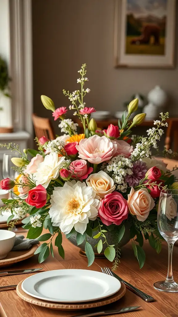 A beautiful floral centerpiece featuring a variety of colorful flowers on a brunch buffet table.