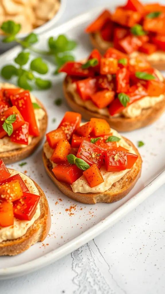 Bruschetta topped with roasted red peppers and hummus on a white plate