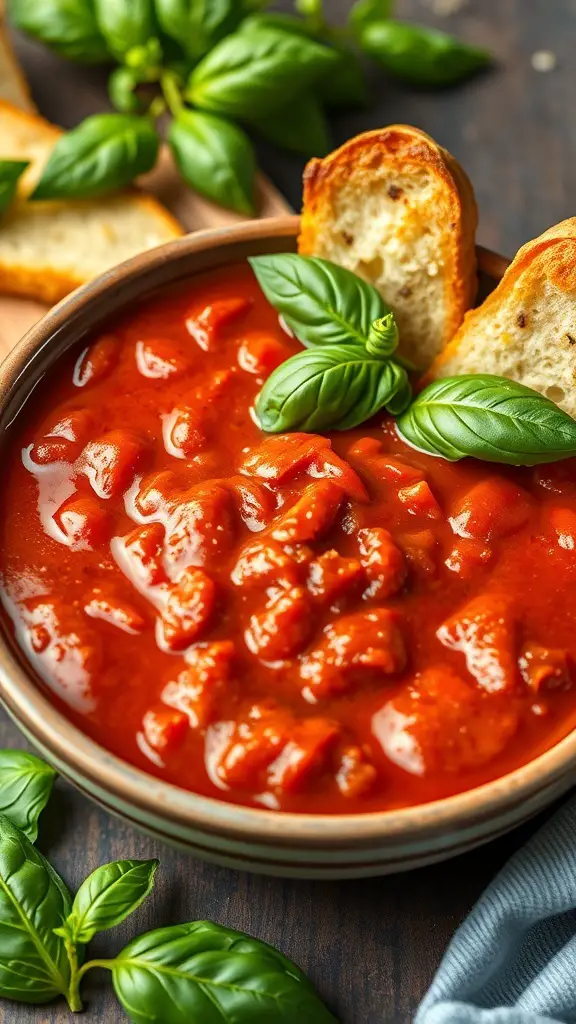 A bowl of classic marinara sauce with fresh basil and toasted bread slices.