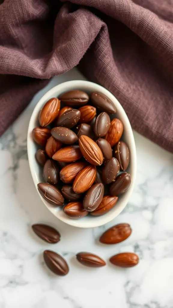 A bowl of dark chocolate-covered almonds on a marble surface with a purple cloth.