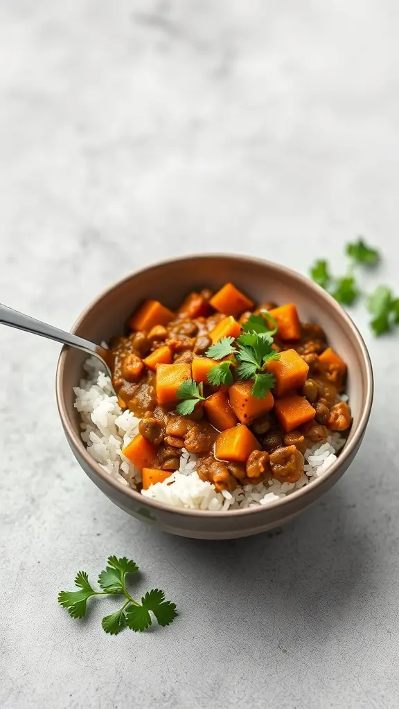 Bowl of lentil and sweet potato curry served over rice, garnished with cilantro.