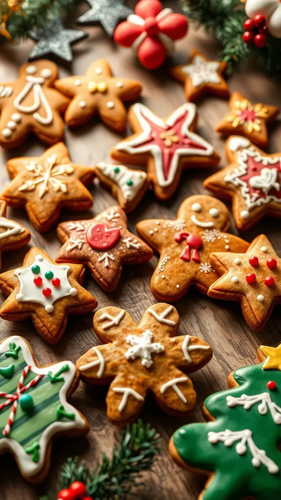 An assortment of beautifully decorated gingerbread cookies with royal icing, featuring various festive shapes.