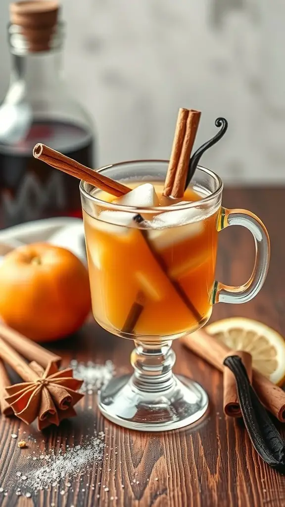 A glass of Vanilla Cinnamon Sangria with cinnamon sticks and fresh fruit on a wooden table.