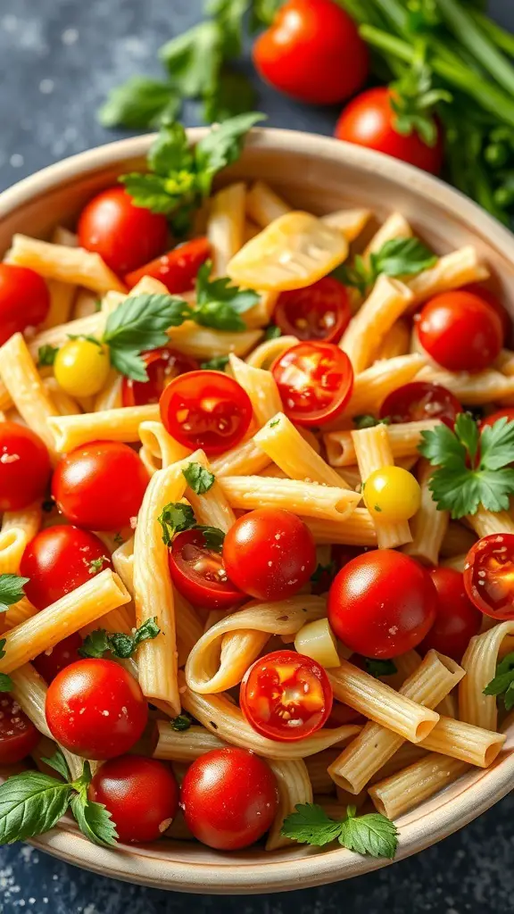 A bowl of pasta salad with cherry tomatoes and herbs