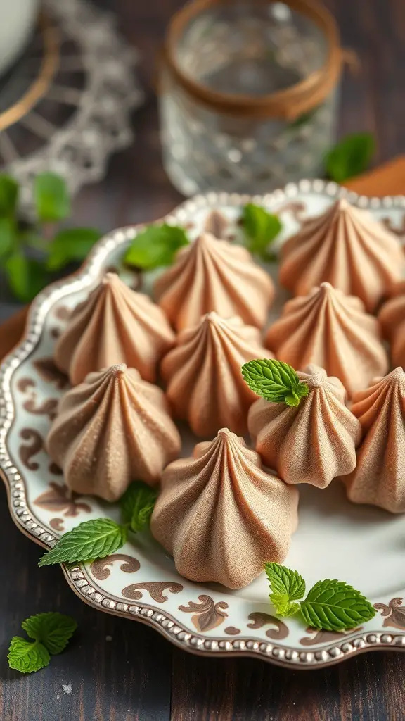 A plate of chocolate mint meringues garnished with mint leaves