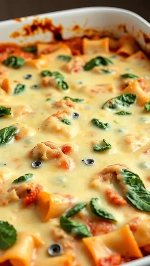 A close-up of baked ziti with spinach and ricotta, showing melted cheese and vibrant spinach leaves.