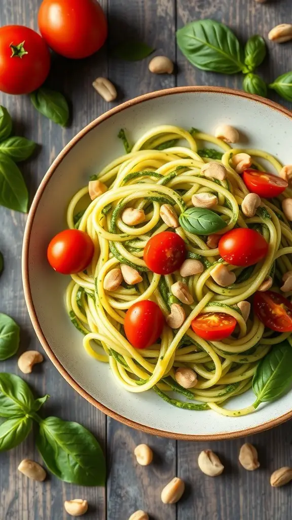A bowl of zucchini noodles with pesto, cherry tomatoes, and nuts, surrounded by fresh basil leaves and tomatoes.