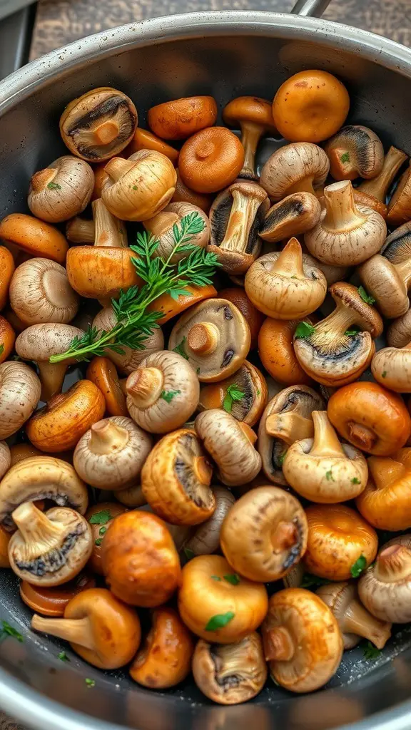 A colorful medley of various mushrooms in a pot, showcasing their unique shapes and textures.