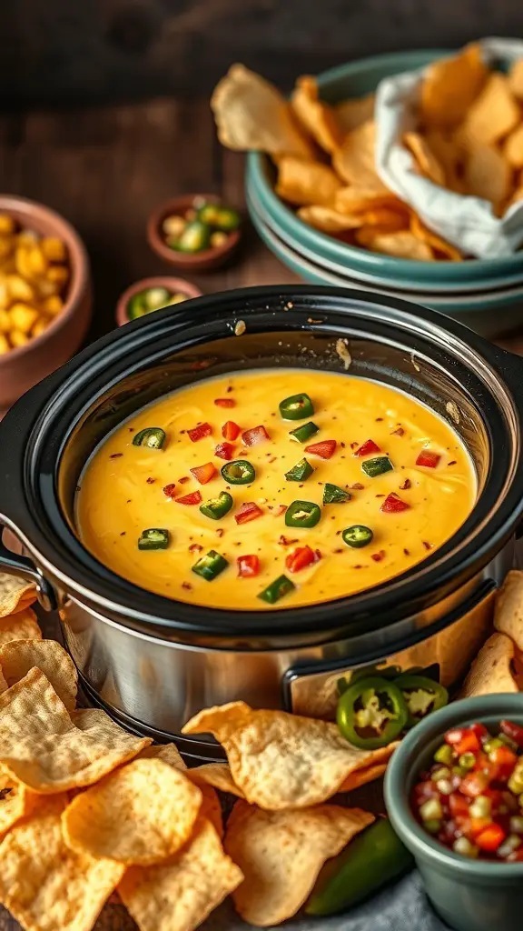A crockpot filled with nacho cheese fondue, topped with jalapeños and tomatoes, surrounded by tortilla chips and salsa.