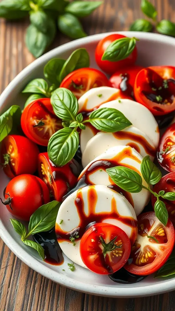 A vibrant Caprese salad featuring sliced mozzarella, cherry tomatoes, and fresh basil, drizzled with balsamic glaze.