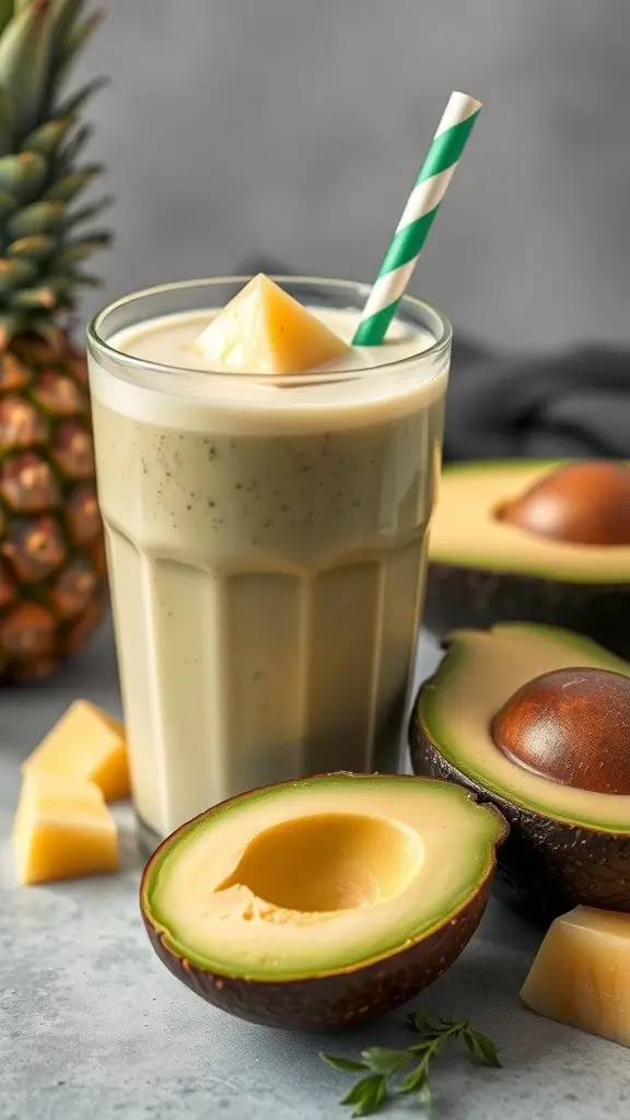 A creamy avocado and pineapple smoothie in a glass with a striped straw, surrounded by avocado halves and pineapple chunks.