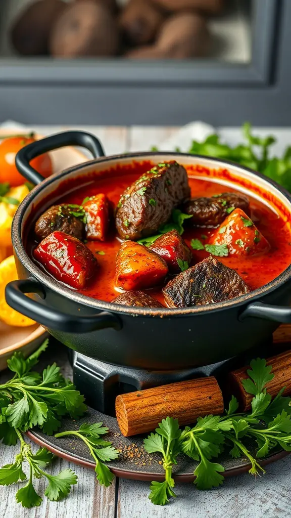 A pot of herb-crusted beef fondue with colorful vegetables and chimichurri sauce