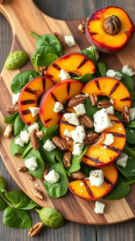 A colorful grilled peach and spinach salad with feta cheese and pecans on a wooden platter.