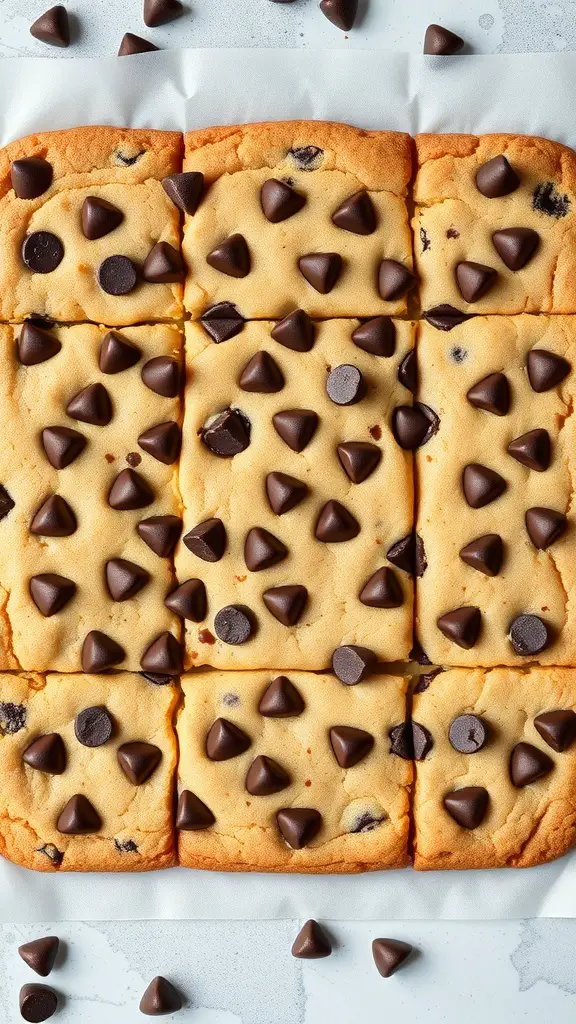A tray of chocolate chip cookie bars cut into squares, topped with chocolate chips.