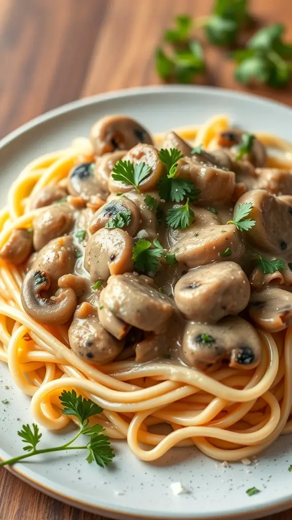 A plate of creamy vegan mushroom stroganoff served over pasta, garnished with fresh herbs.