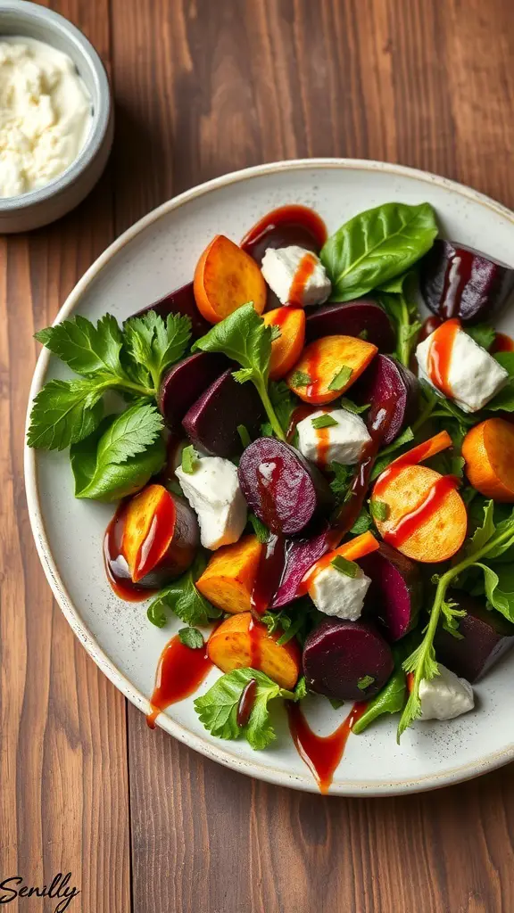 A vibrant roasted beet and goat cheese salad with greens and carrots on a wooden table.