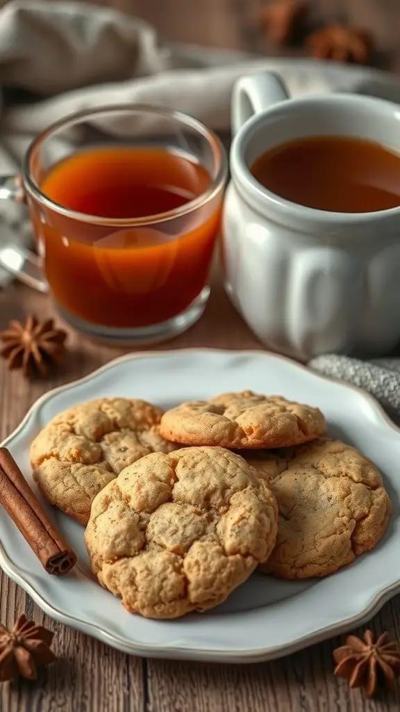 A plate of spiced molasses cookies with cinnamon sticks and cups of tea