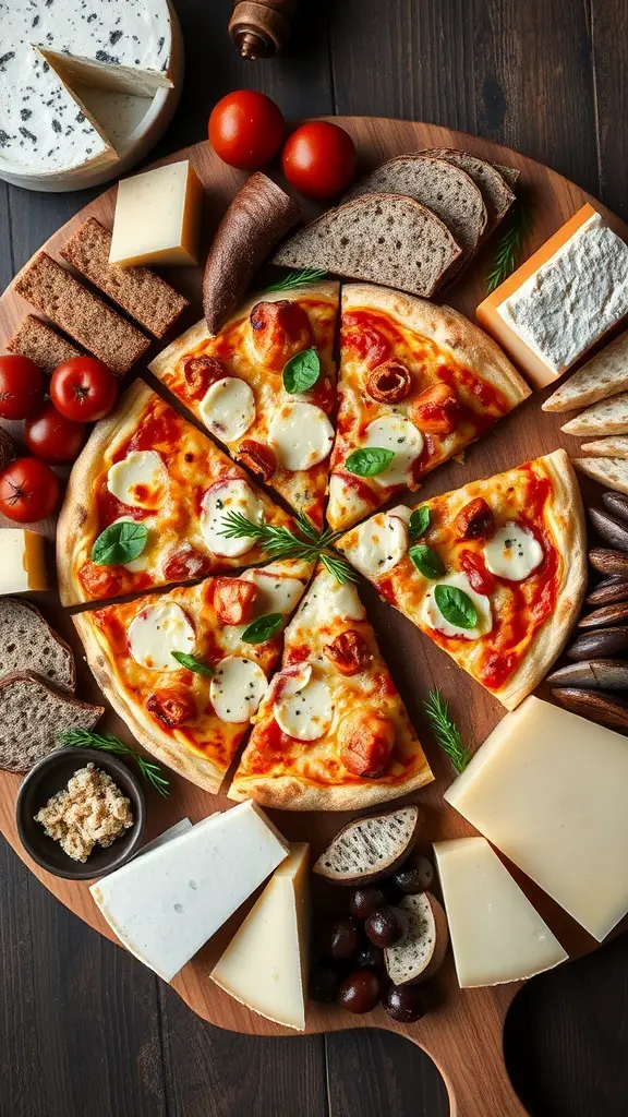 A wooden charcuterie board featuring a four cheese pizza, fresh tomatoes, assorted cheeses, and slices of bread.