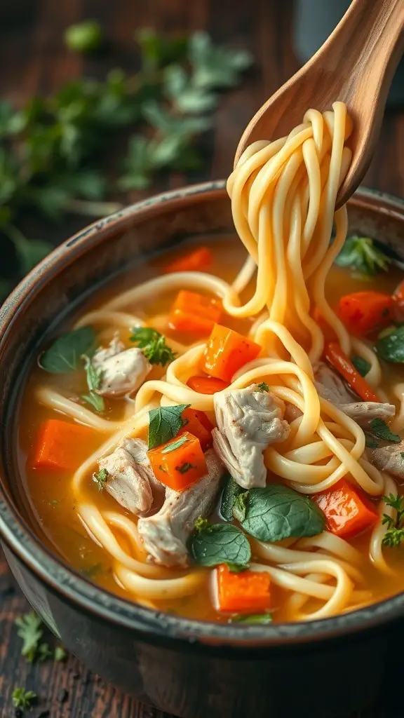 A bowl of hearty chicken noodle soup with noodles, chicken, carrots, and greens.