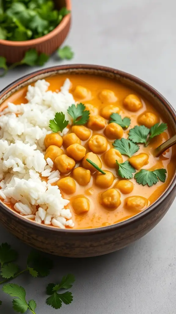Bowl of chickpea curry with coconut milk and rice, garnished with cilantro