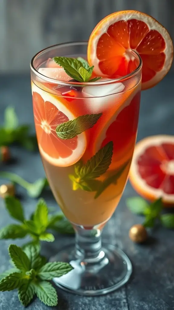 A glass of fruity winter sangria with grapefruit slices and mint leaves