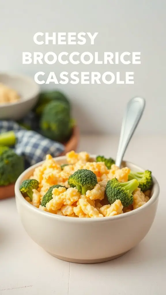 A bowl of Cheesy Broccoli Rice Casserole with broccoli florets and creamy rice.